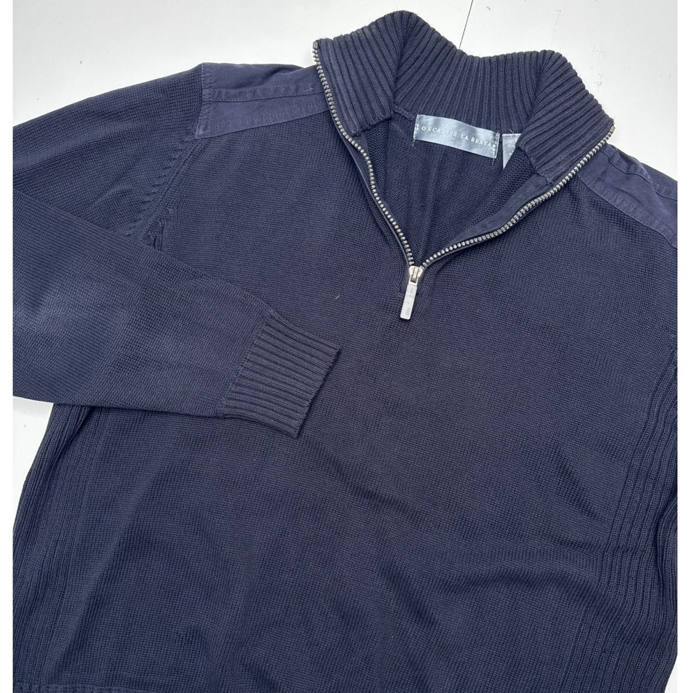 Oscar de la Renta Mens Navy Blue Quarter Zip Sweater Mixed Media Yoke Large